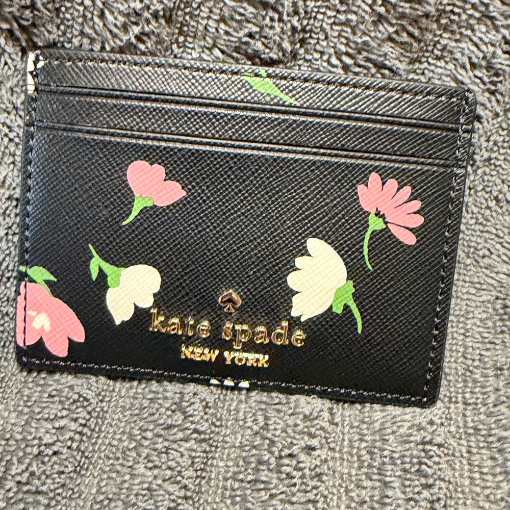 Kate Spade Black with Pink and White Floral Card Holder